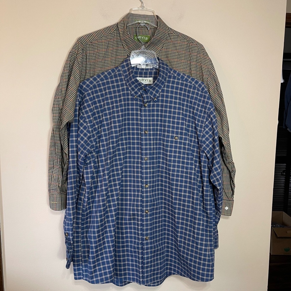Orvis Mens XXL Tattersall Check Button Down Shirt (Lot of 2) Long Sleeve Cotton